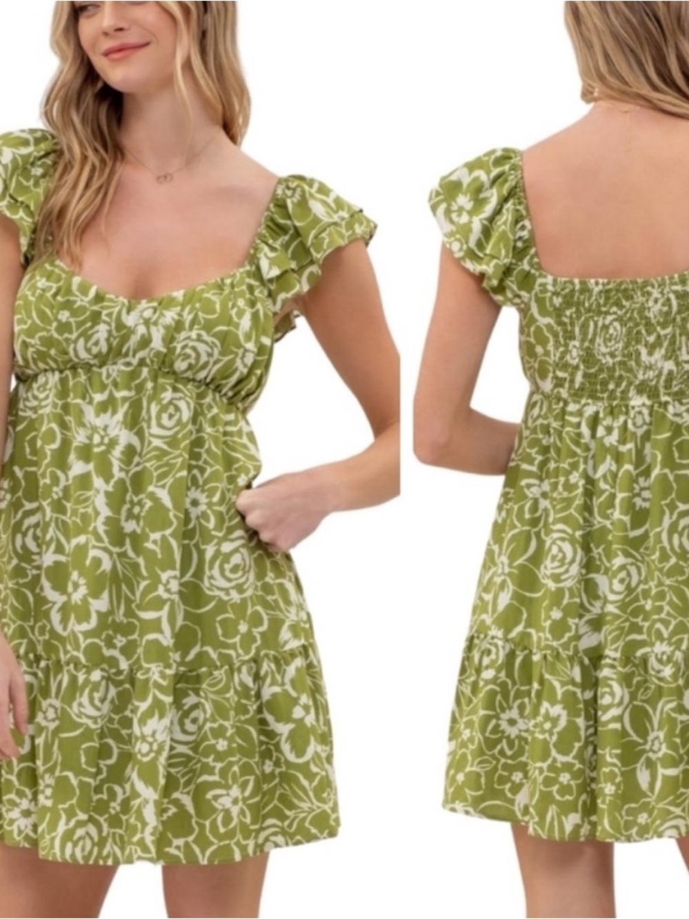 Blu Pepper Green Floral Babydoll Mini Dress Medium Cottagecore Ruffle Sleeve